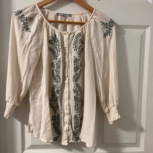 Daniel Rainn Cream and Olive Green Embroidered Blouse‎